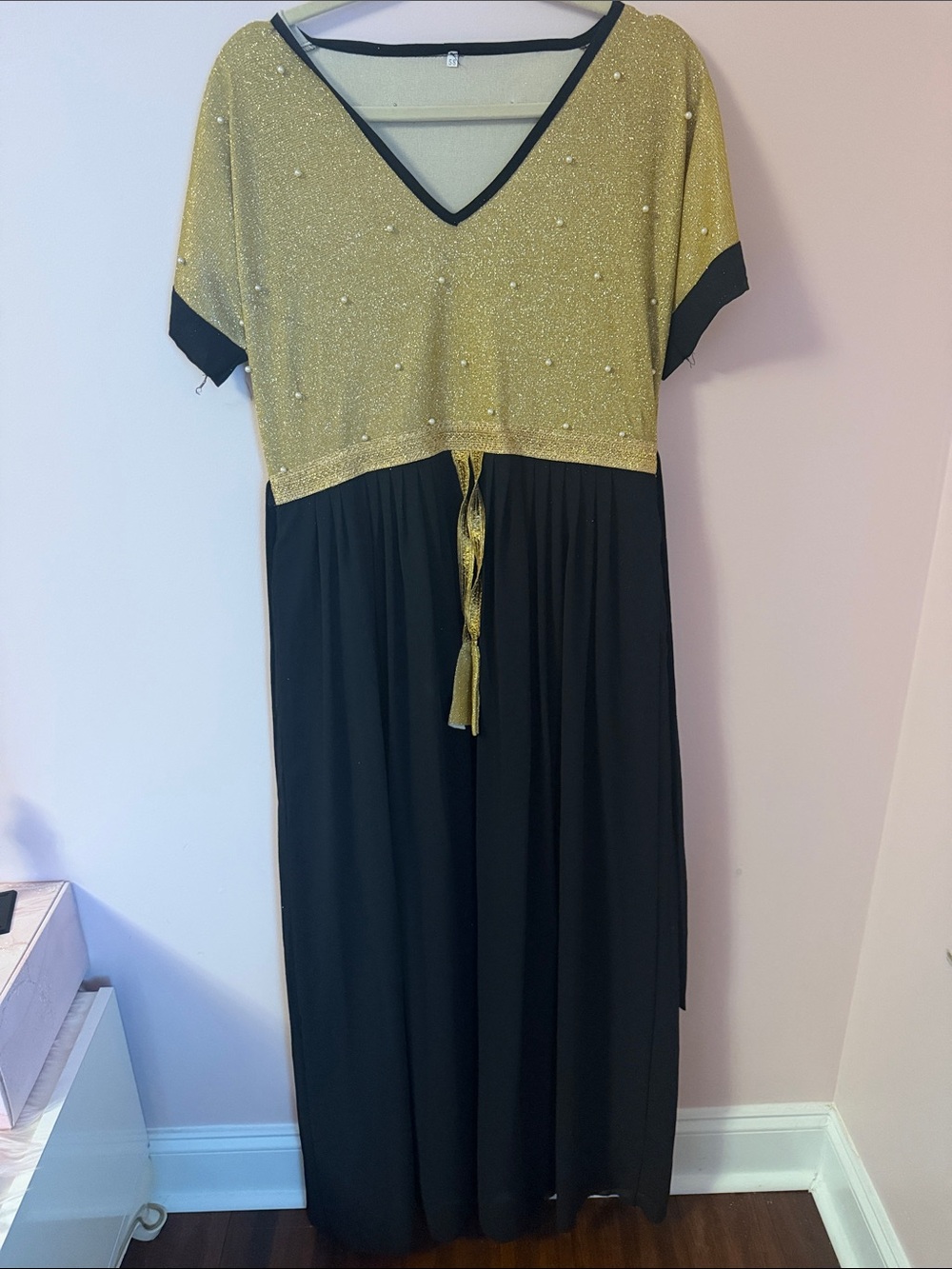 Gold and Black V-Neck Maxi Dress with Waist Tie